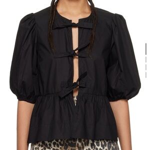 Ganni Black Cotton Poplin Tie Front Top